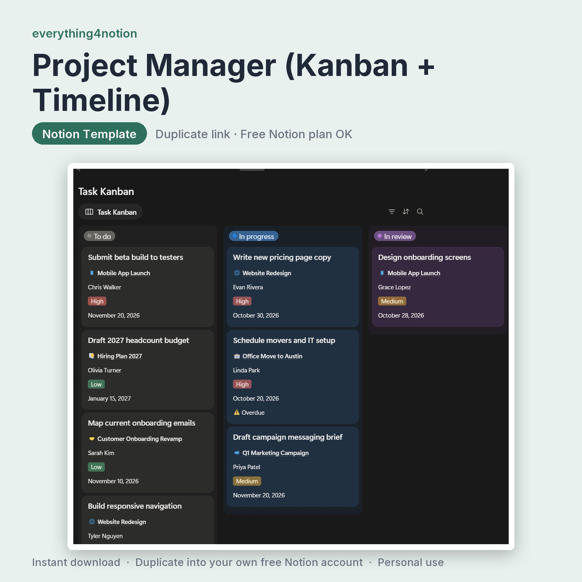 Project Manager (Kanban + Timeline) - what's inside
