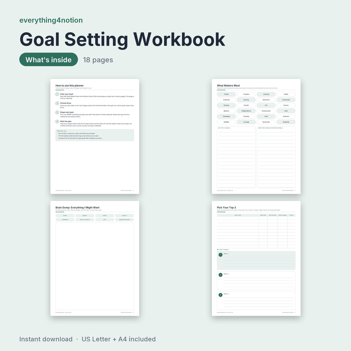 Goal Setting Workbook - what's inside