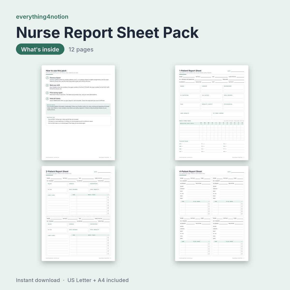 Nurse Report Sheet Pack - what's inside