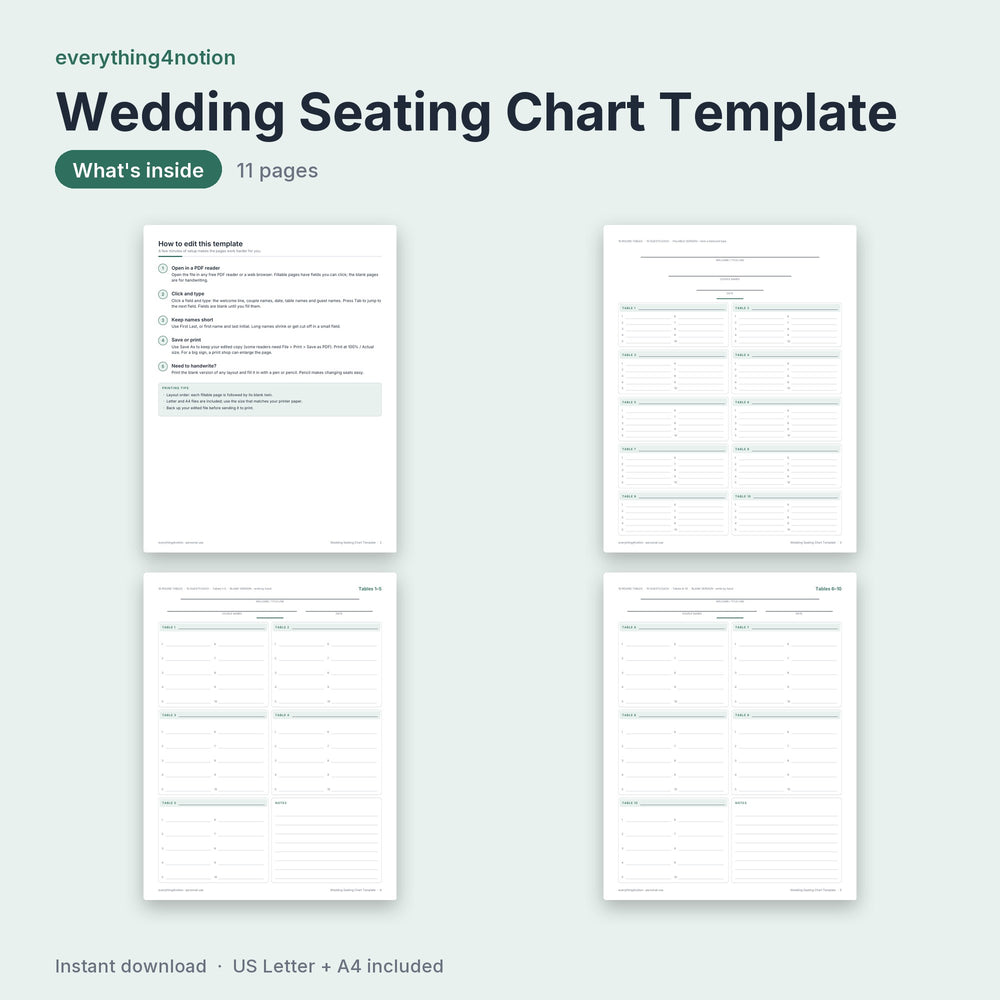 Wedding Seating Chart Template - what's inside