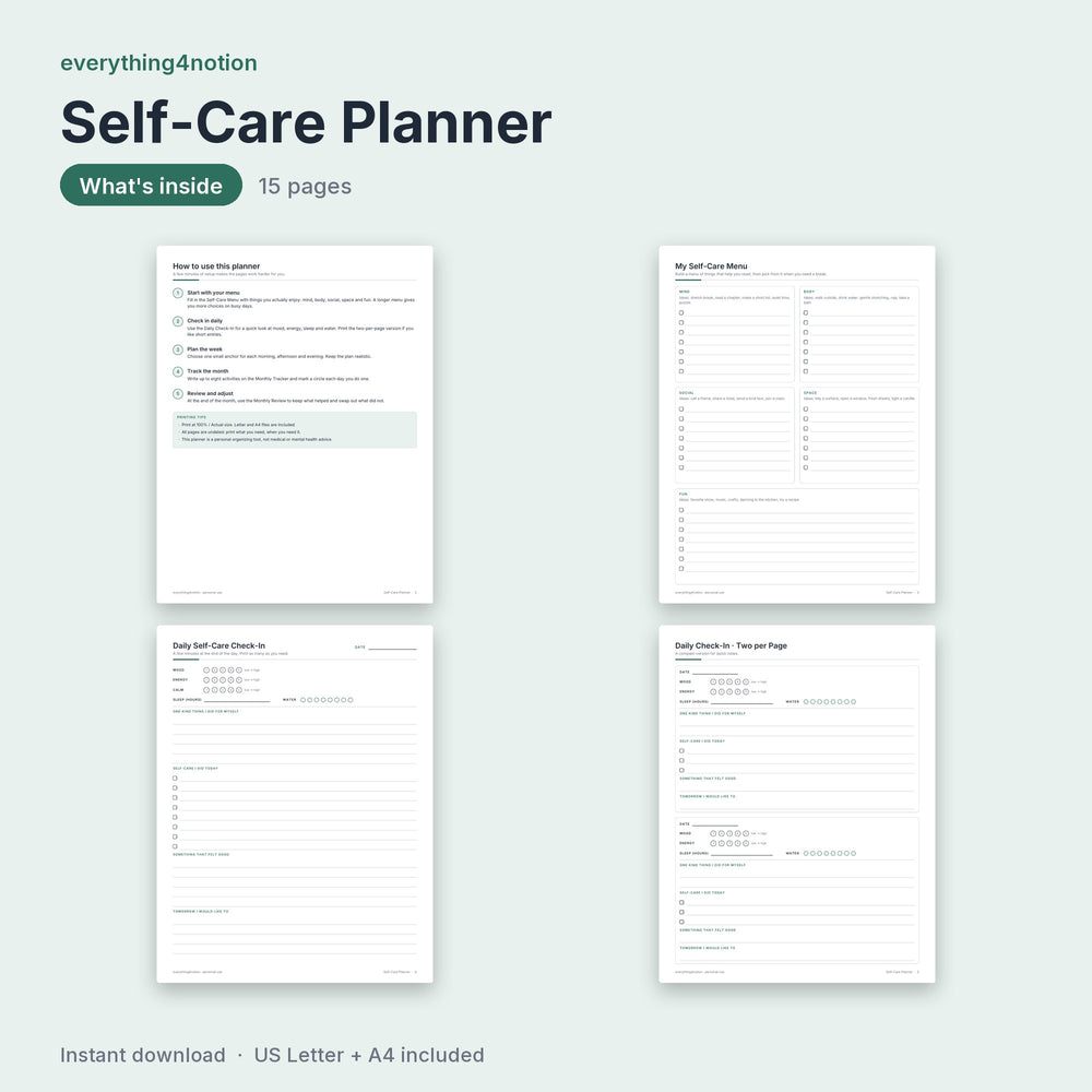 Self-Care Planner Printable - what's inside