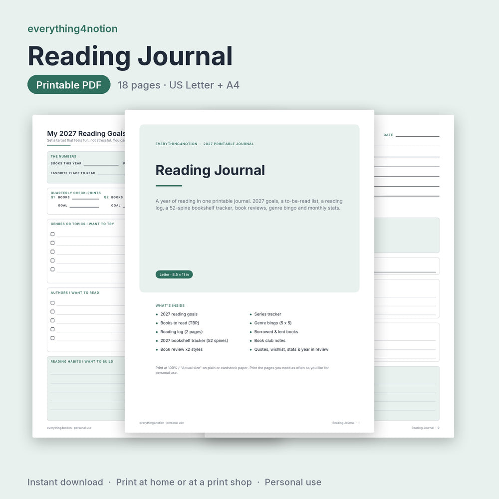 Reading Journal Printable - cover preview