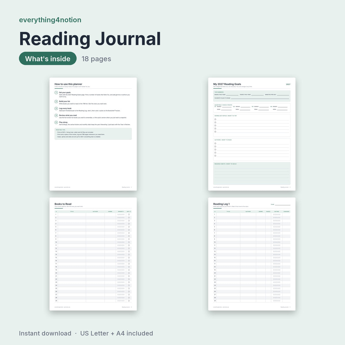 Reading Journal Printable - what's inside