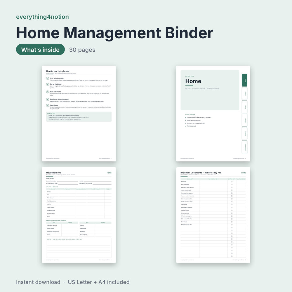 Home Management Binder Printable - what's inside