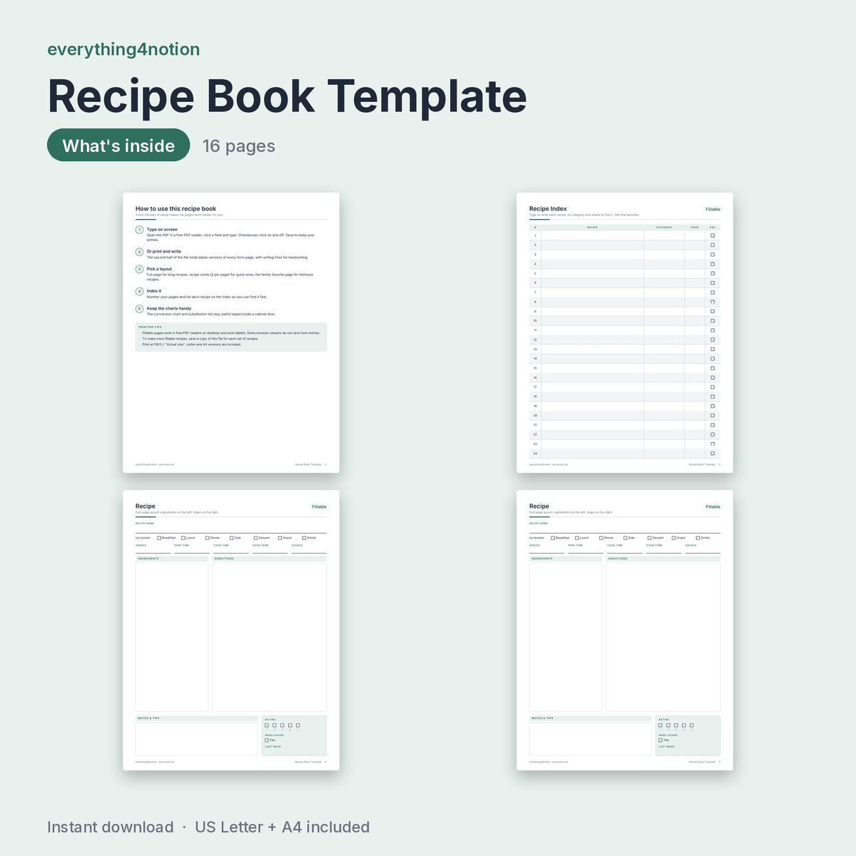 Recipe Book Template - what's inside