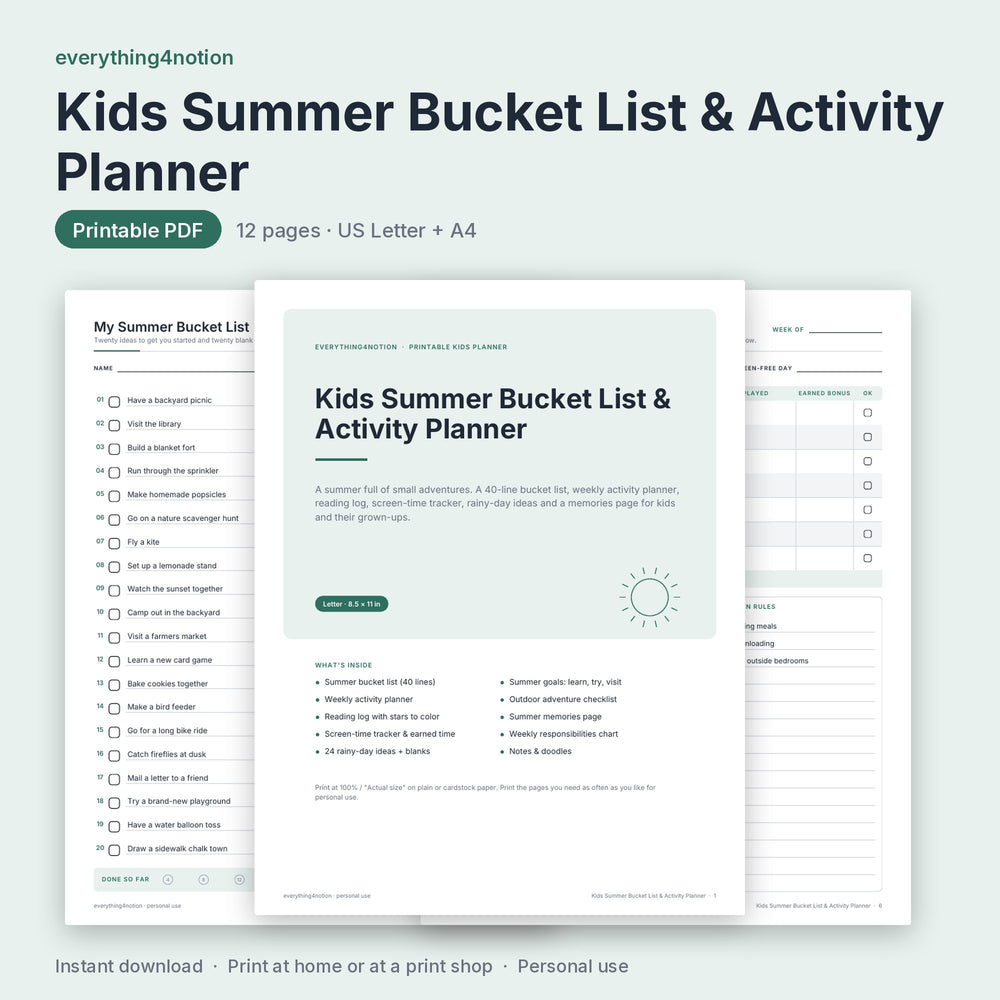 Kids Summer Bucket List & Activity Planner - cover preview