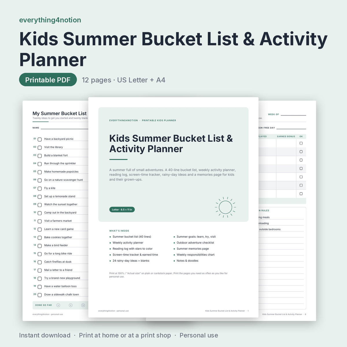 Kids Summer Bucket List & Activity Planner - cover preview