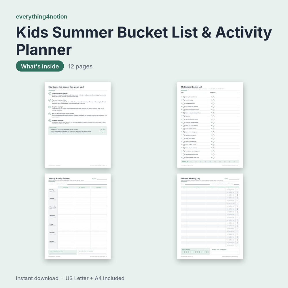 Kids Summer Bucket List & Activity Planner - what's inside