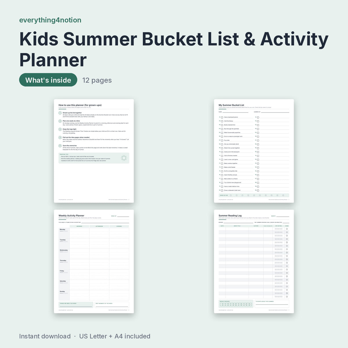 Kids Summer Bucket List & Activity Planner - what's inside