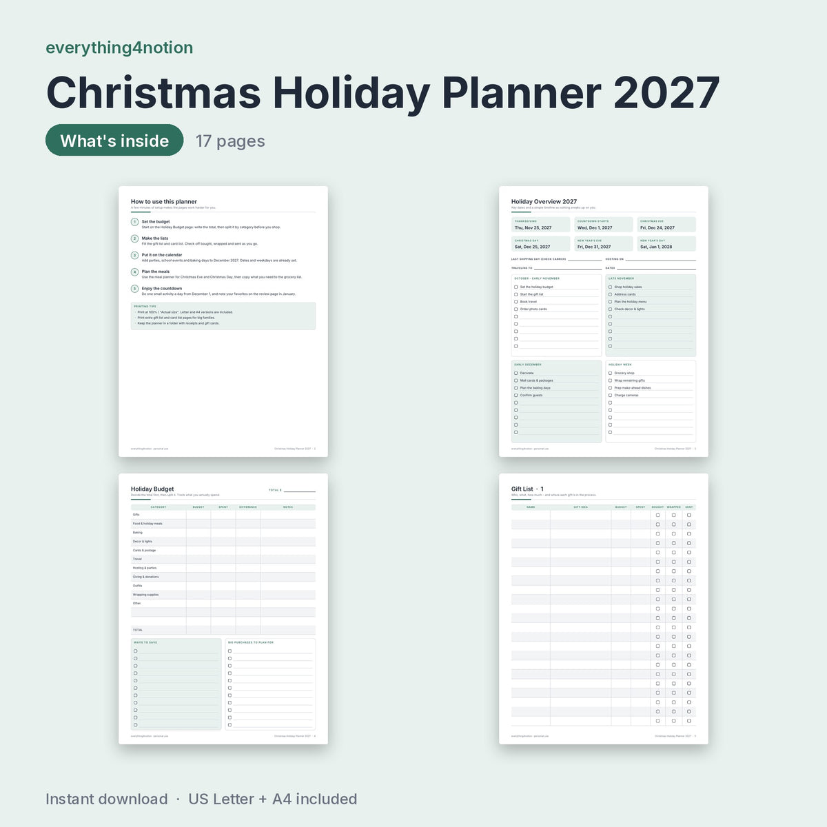 Christmas Holiday Planner 2027 - what's inside
