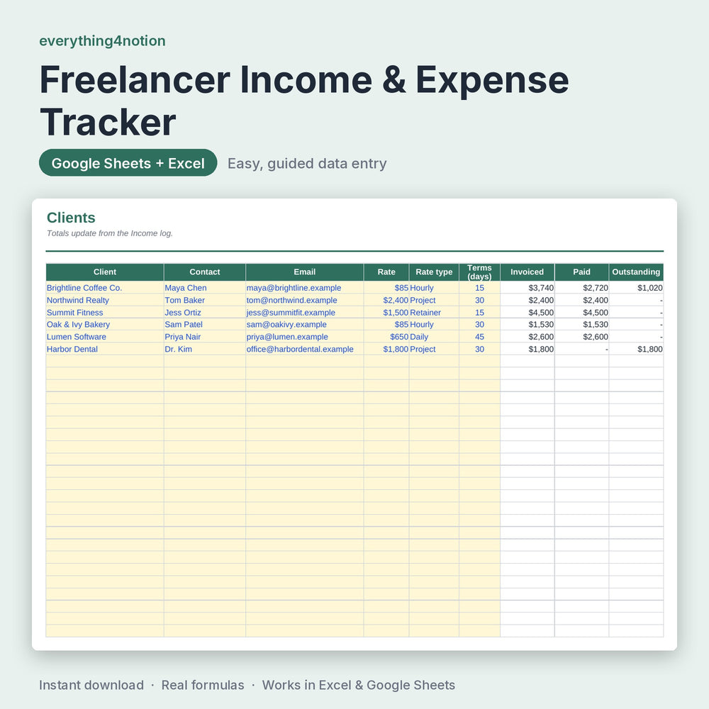 Freelance Income Tracker – inside the template