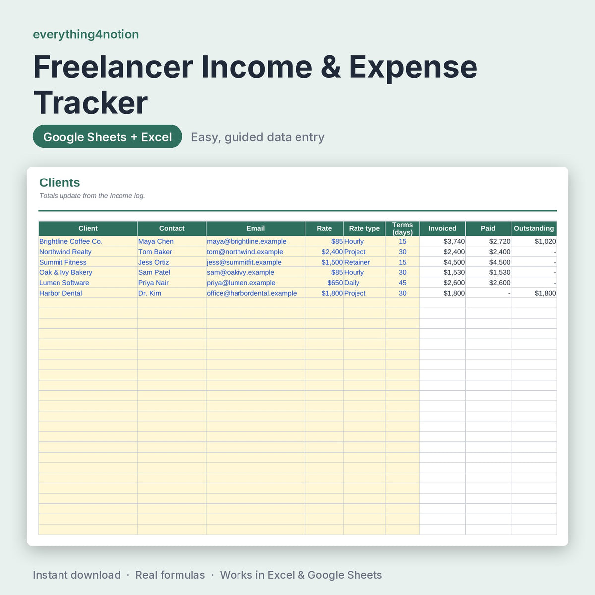 Freelance Income Tracker – inside the template