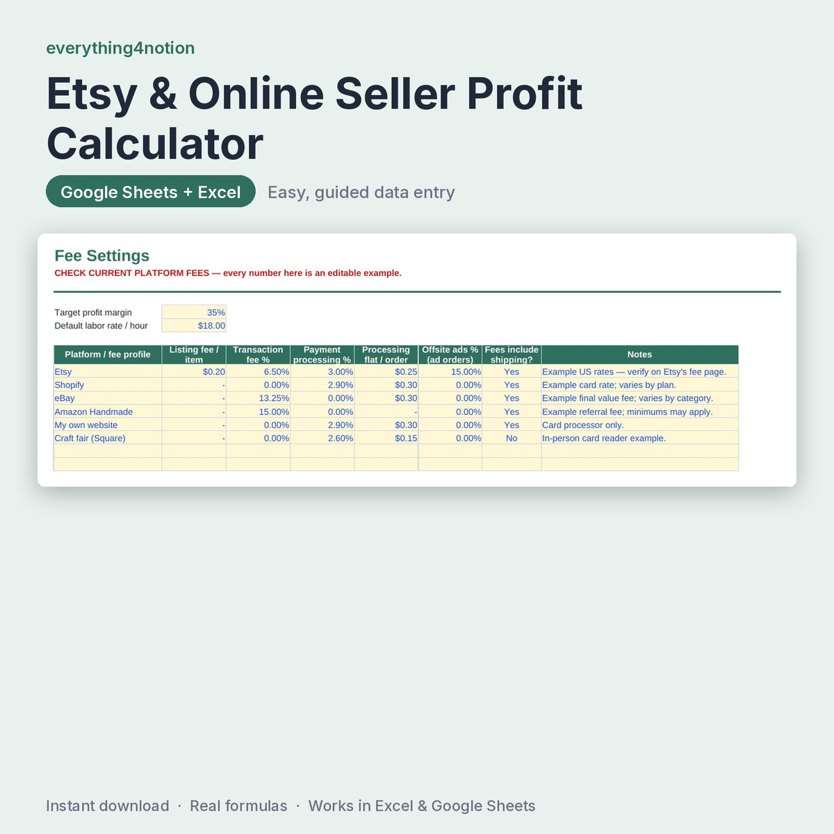 Etsy Seller Spreadsheet – inside the template