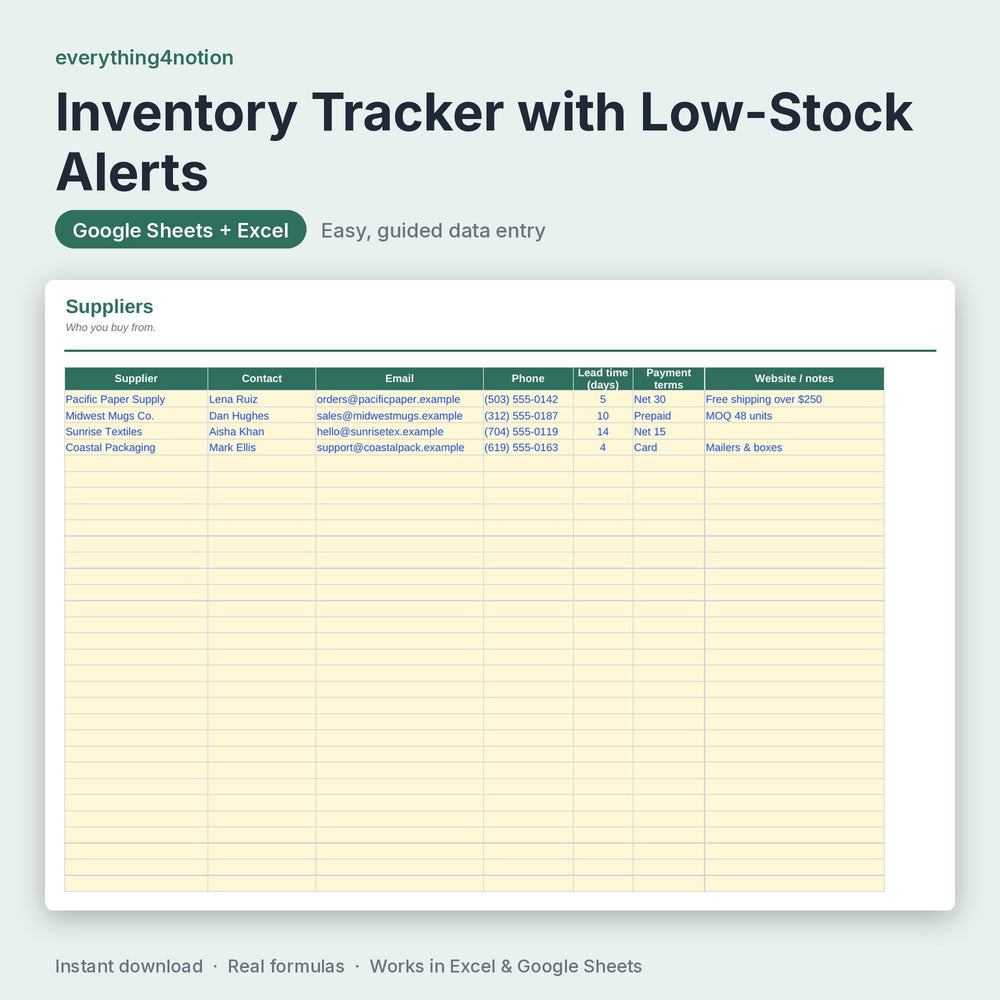 Inventory Spreadsheet – inside the template