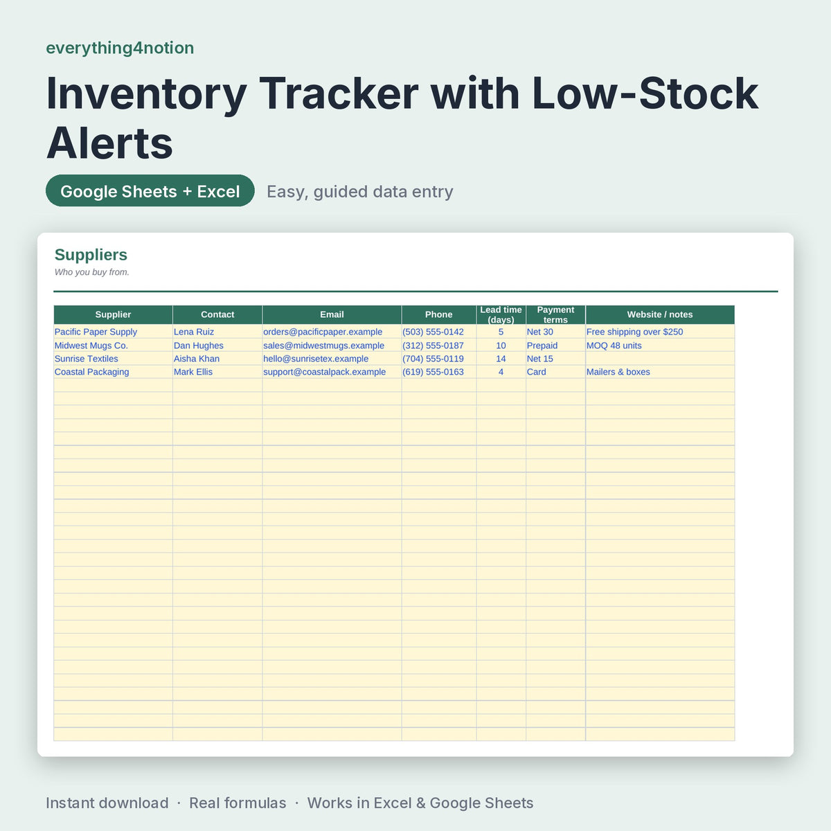 Inventory Spreadsheet – inside the template