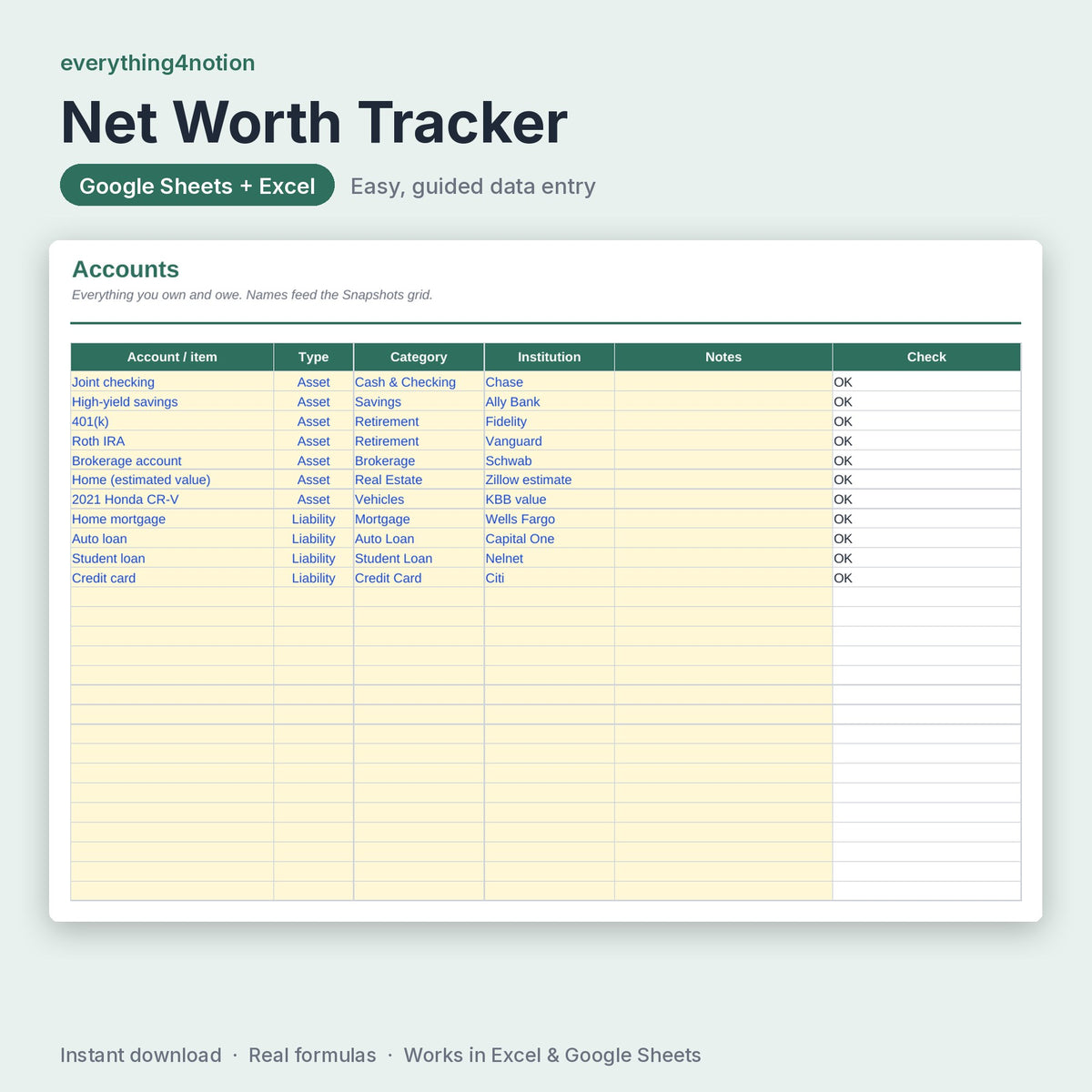 Net Worth Tracker Spreadsheet – inside the template