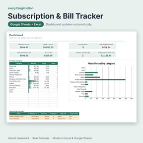 Subscription Tracker Spreadsheet – preview