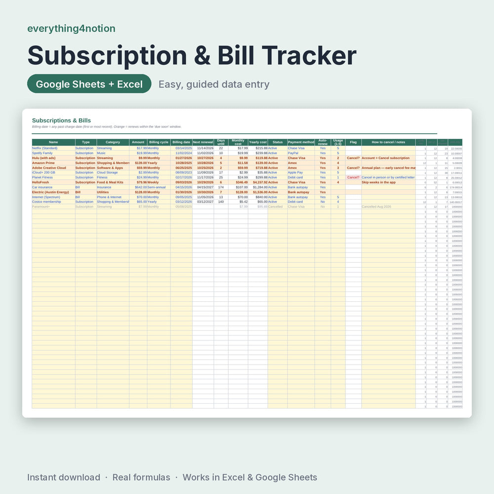 Subscription Tracker Spreadsheet – inside the template