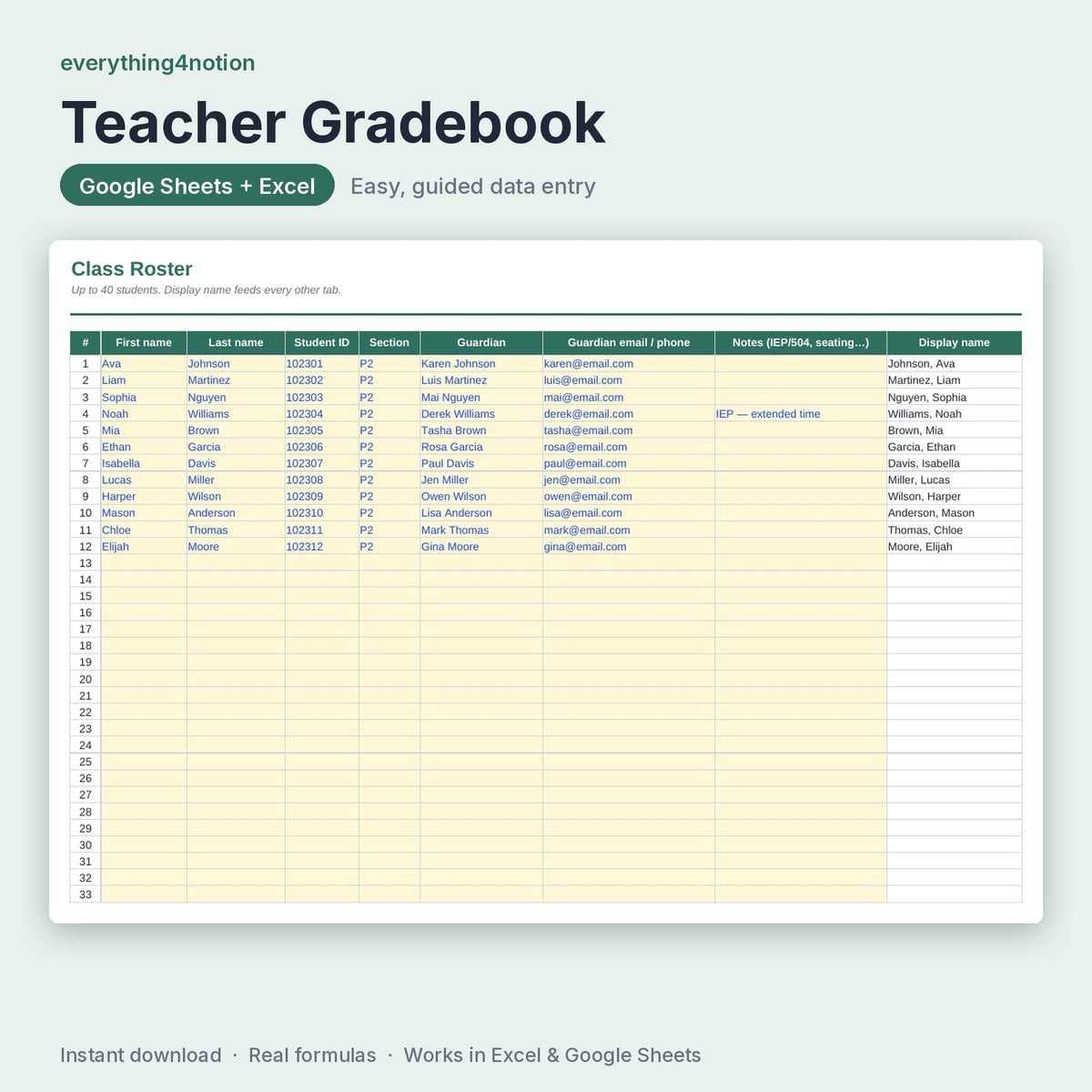 Gradebook Spreadsheet – inside the template