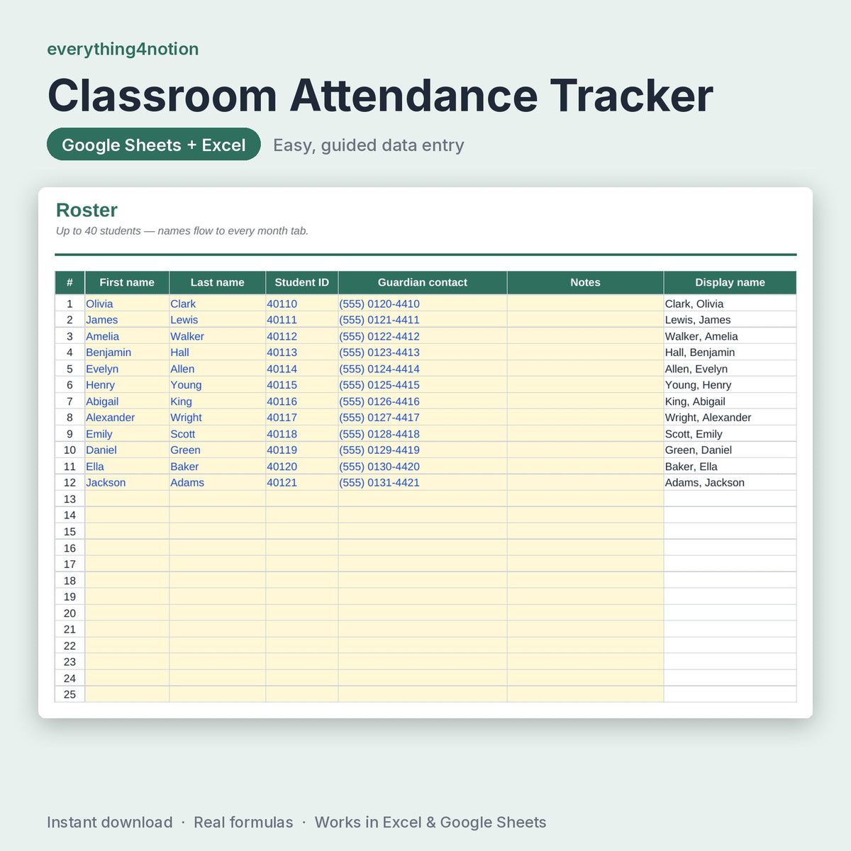 Attendance Tracker Spreadsheet – inside the template