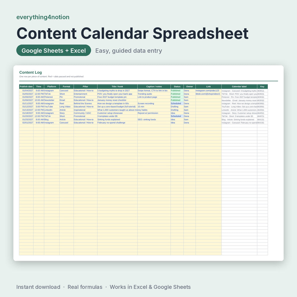 Content Calendar Spreadsheet – inside the template