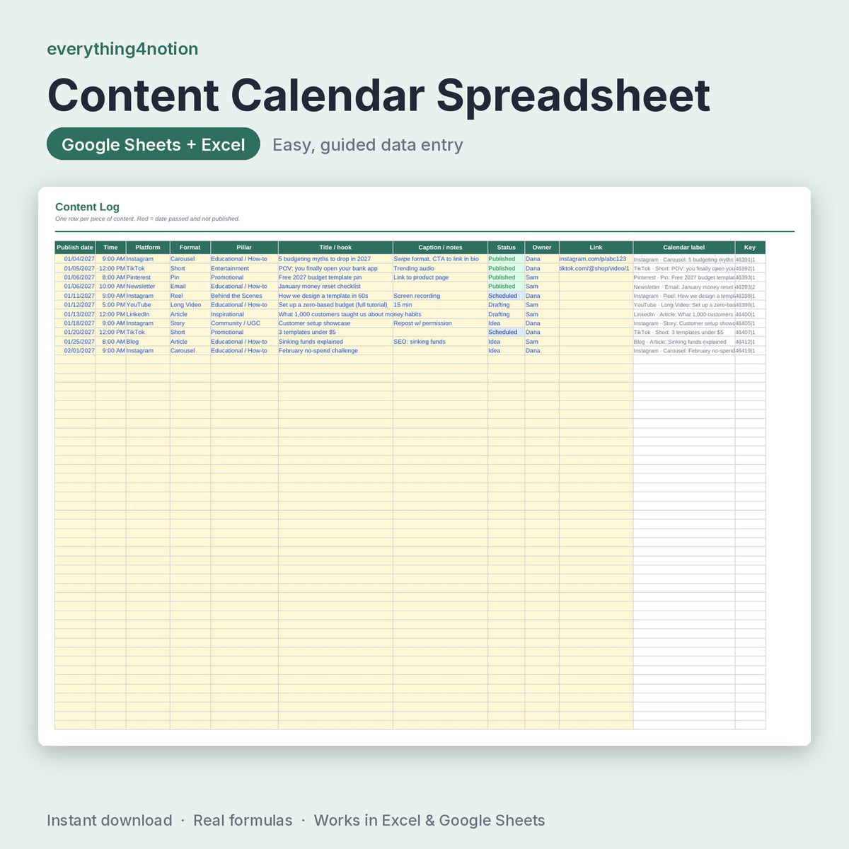 Content Calendar Spreadsheet – inside the template