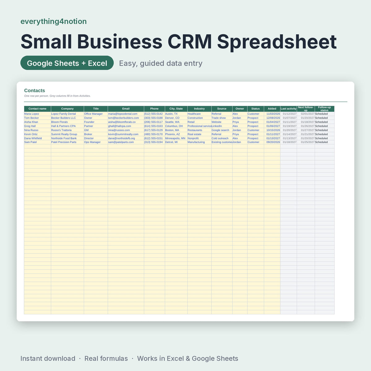 CRM Spreadsheet – inside the template