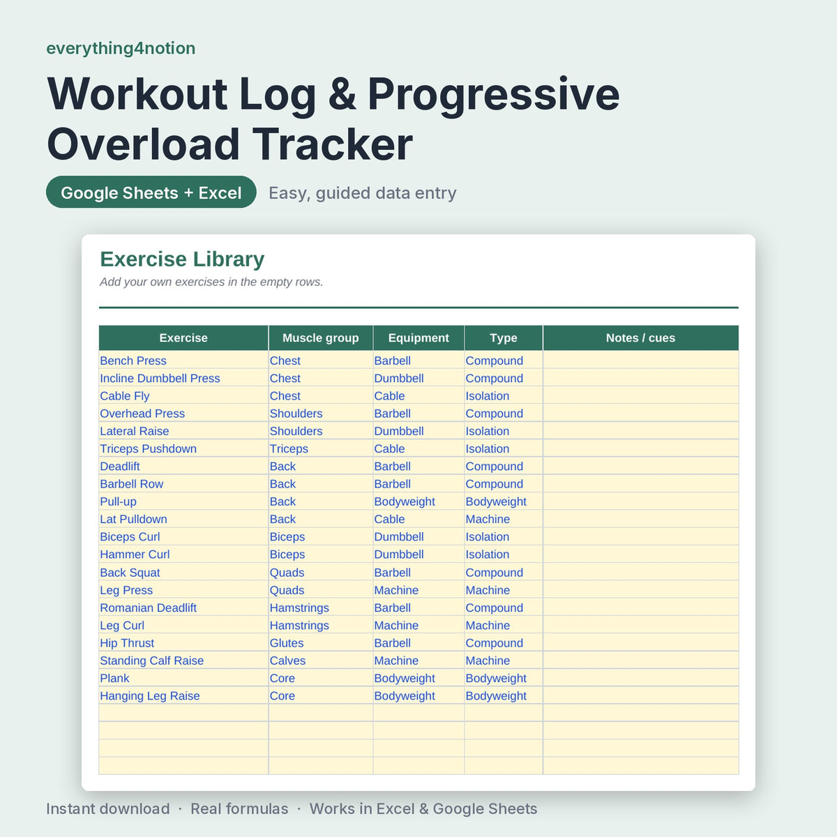 Workout Tracker Spreadsheet – inside the template