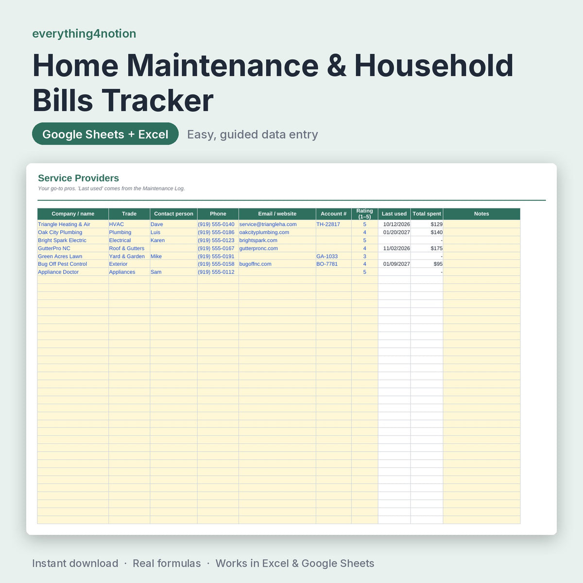 Home Maintenance Tracker – inside the template